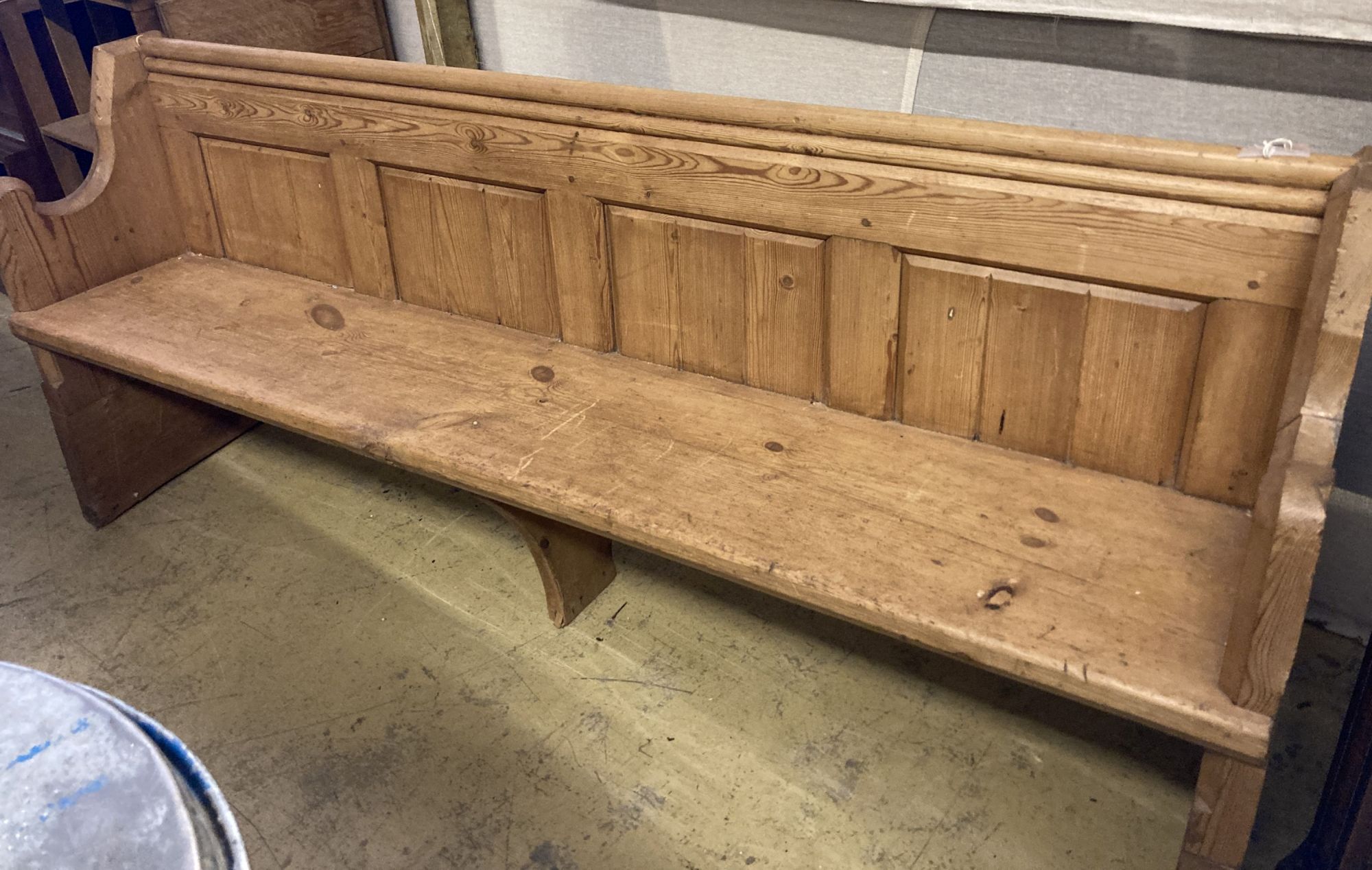 A Victorian stripped pine pew, length 194cm, depth 50cm, height 81cm